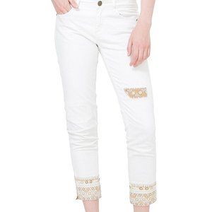 Desigual white pants with gold embroidery, size 28